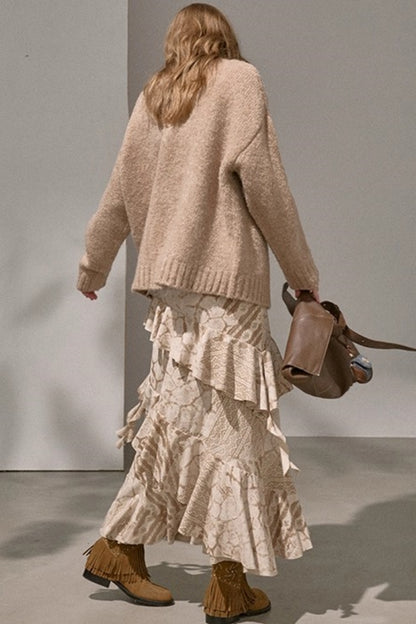 Original Slanted Ruffle Leaf Wave Midi Cake Skirt