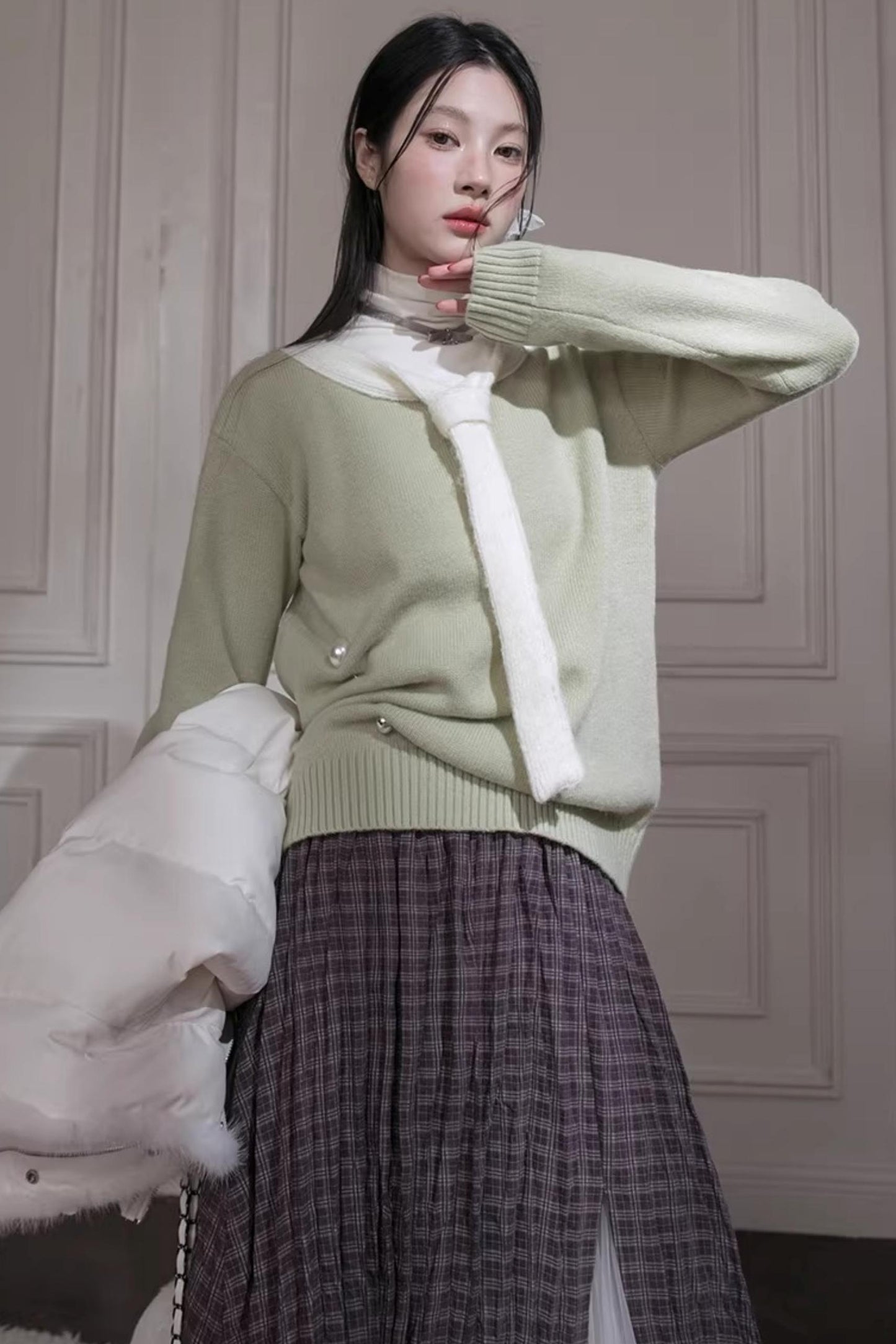 Warm Apricot Wool Tie Sweater