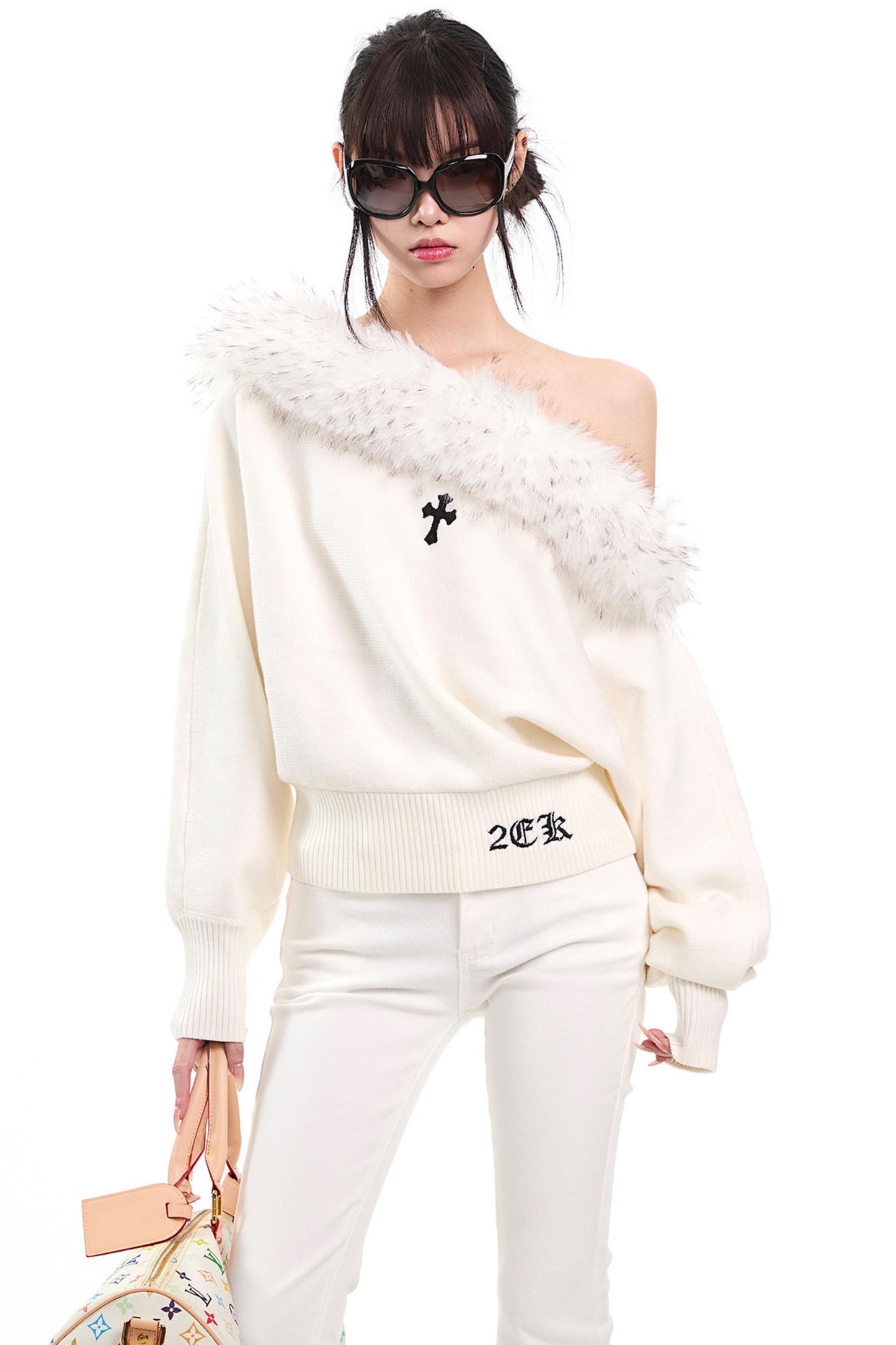 Off-Shoulder Fur Collar Sweater