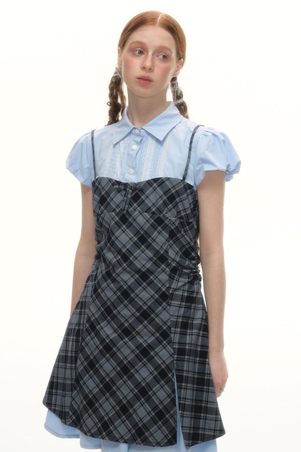 Plaid Bubble Sleeve Dress