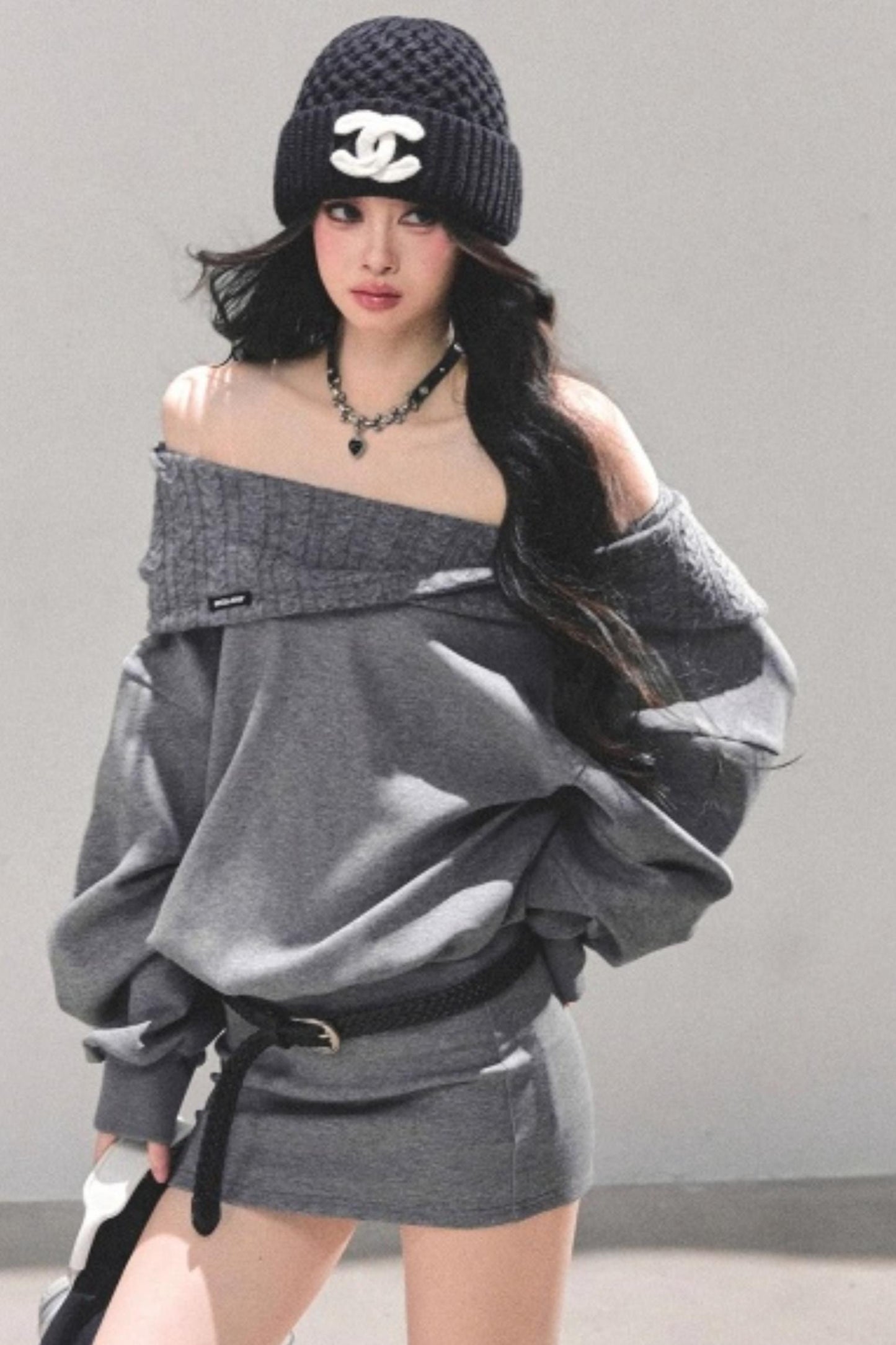 One Shoulder Grayscale Sweatshirt Dress