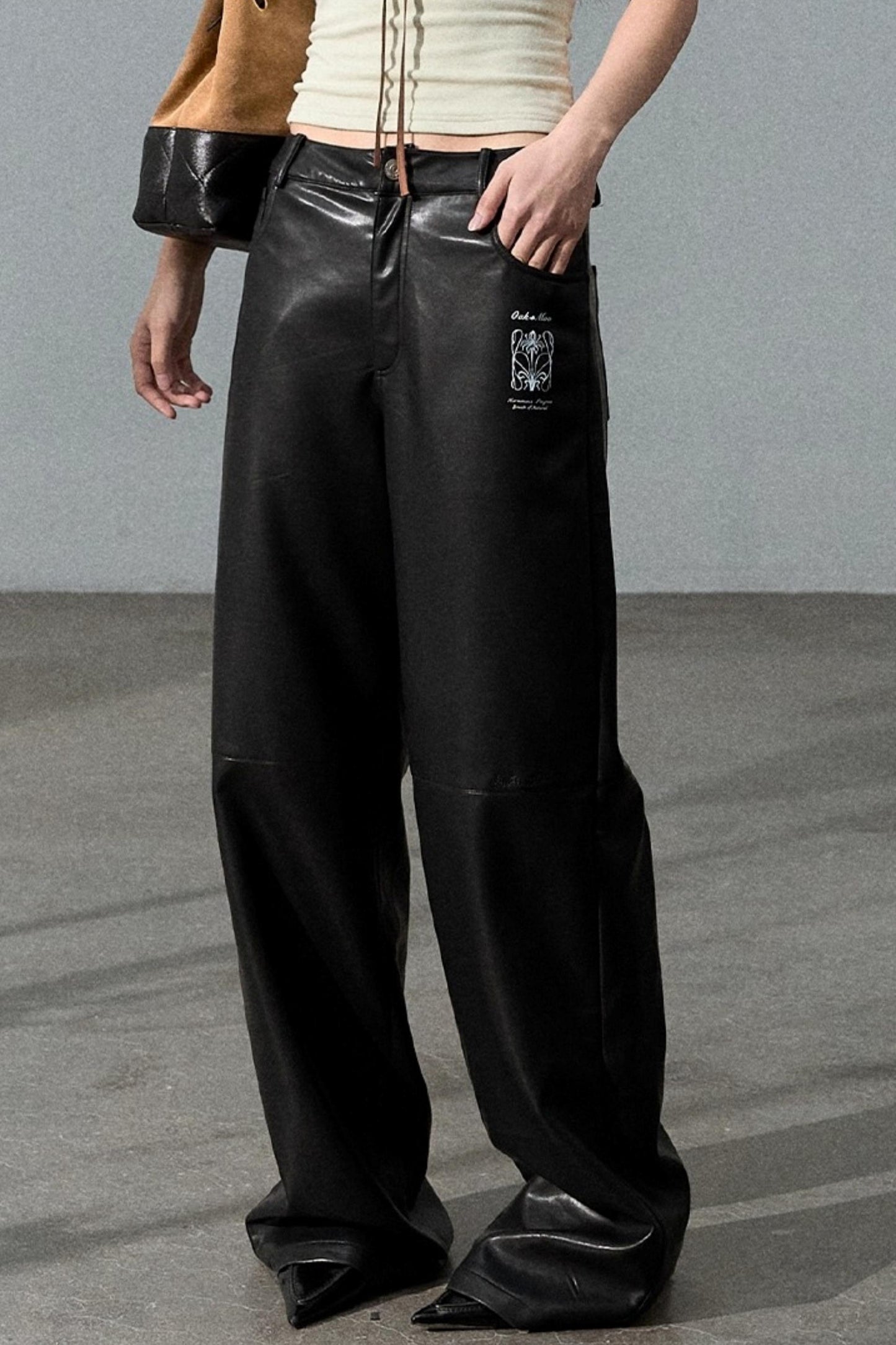 Retro Print Wide-leg Leather Pants