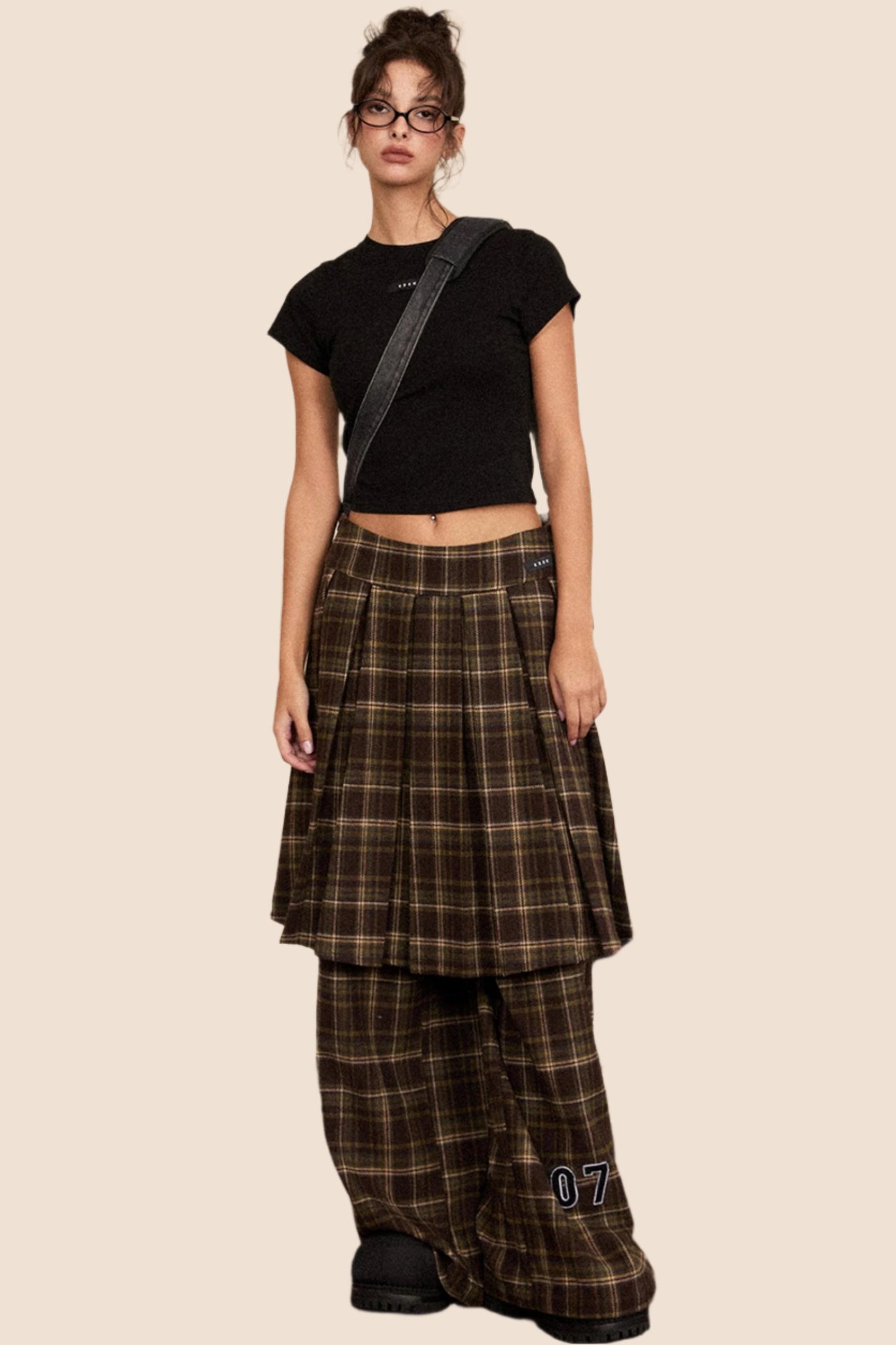 Casual Woolen Plaid Skirt And Pants Set-Up