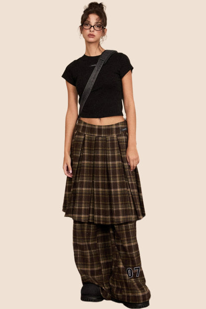 EZEK AMERICAN RETRO WOOLEN PLAID CASUAL WIDE-LEG PANTS WOMEN'S AUTUMN AND WINTER NEW HIGH-WAISTED SKIRT MOP PANTS TIDE