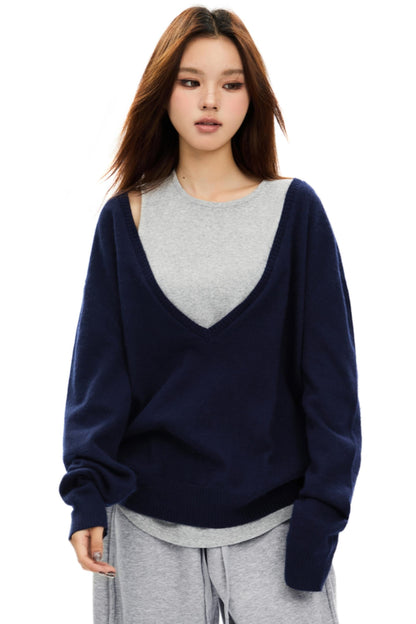 Grey V-Neck Retro Sweater