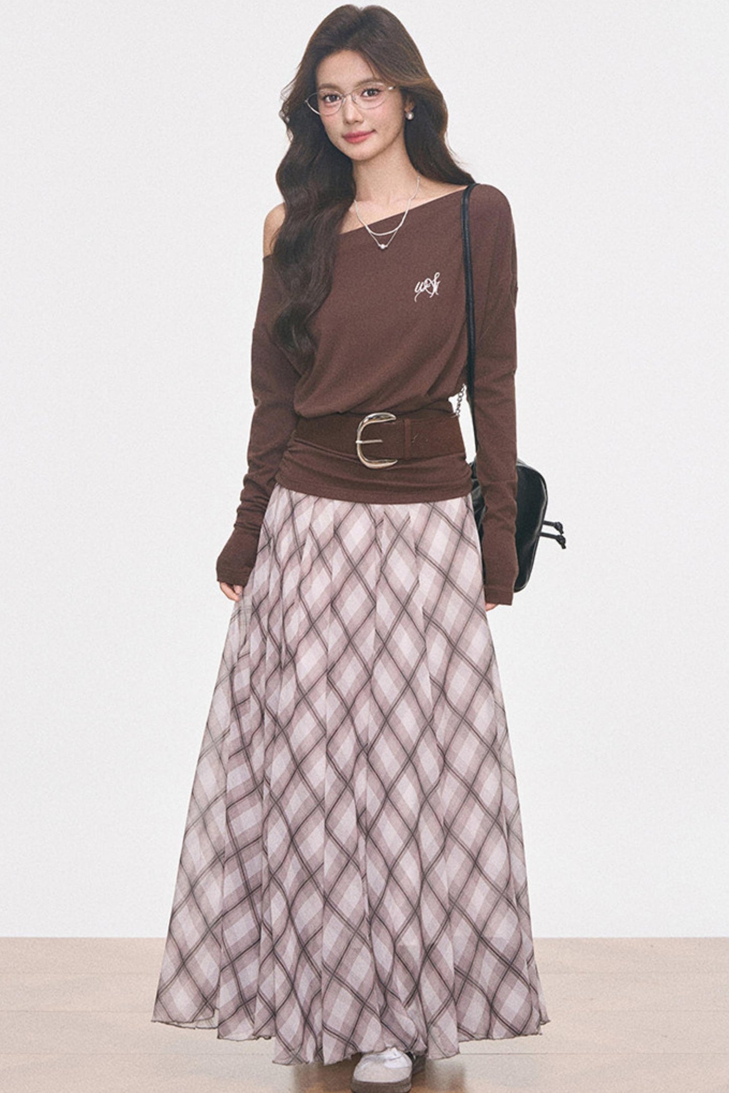 Knitted Off-Shoulder Top and Plaid Skirt Set-Up