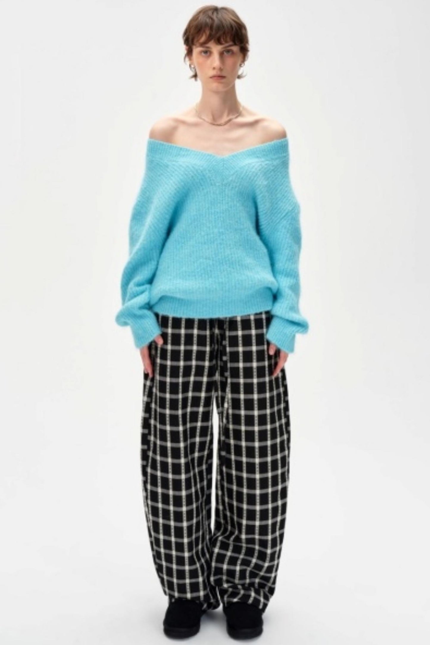 Lyocell Check Drawstring Cotton Trousers