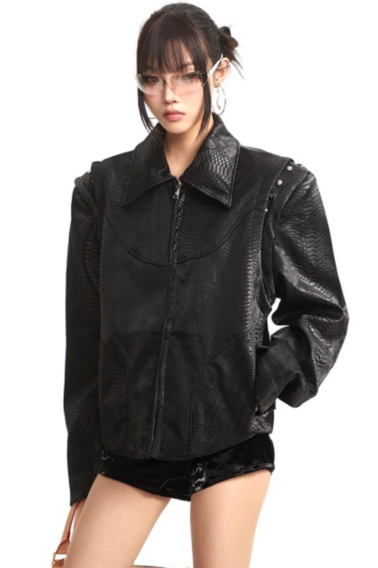 Retro Shoulder-Padded Leather Jacket