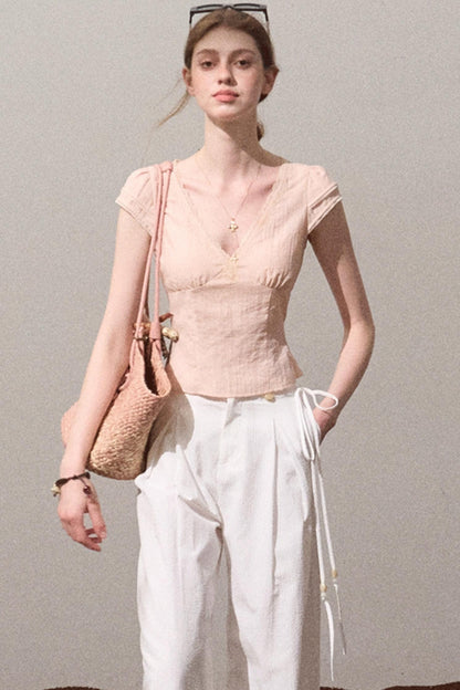 Fuzzy Lace V-Neck Tie Top