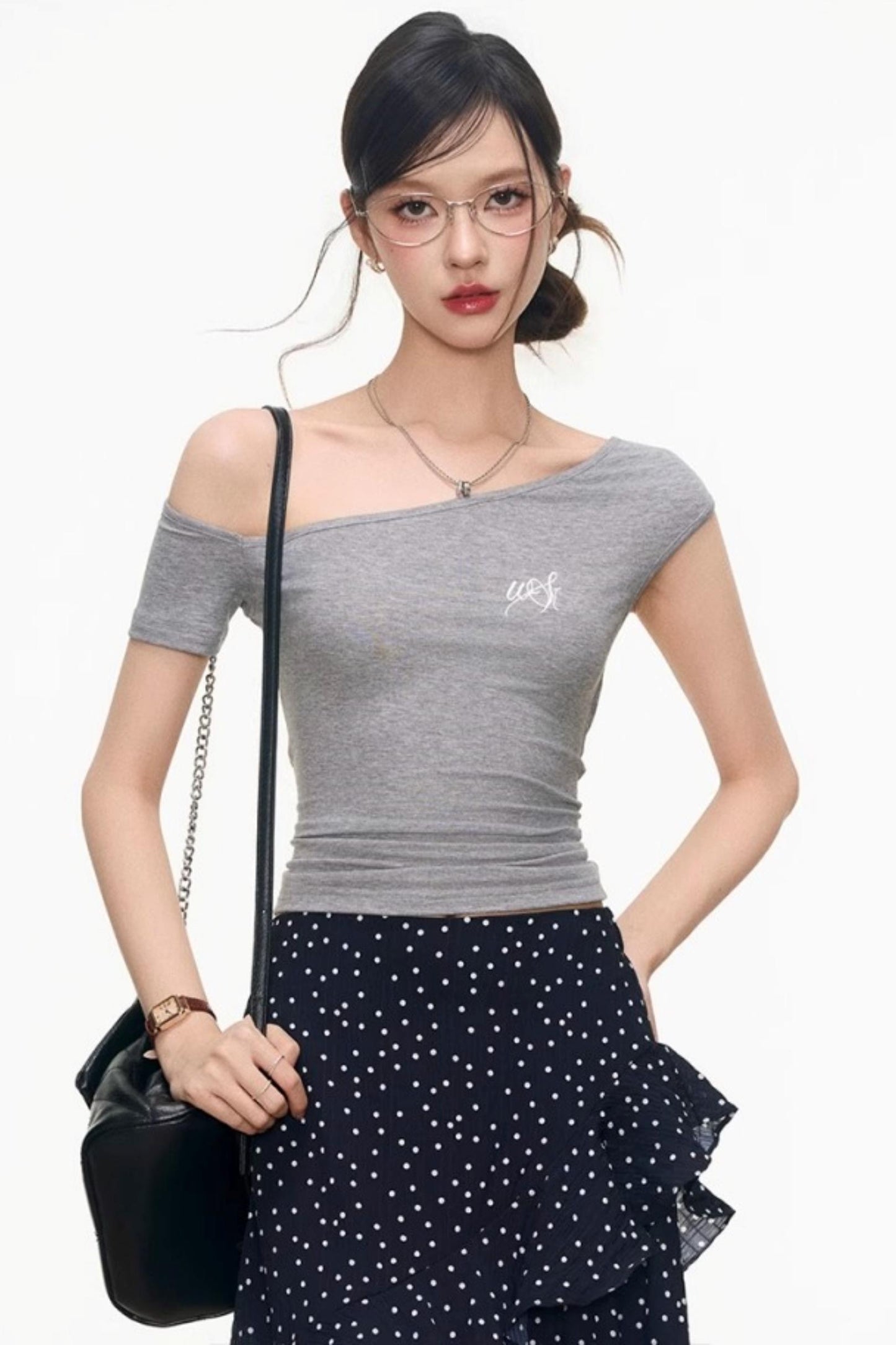 Asymmetrical Grey Top & Polka Dot Maxi Skirt Set-Up