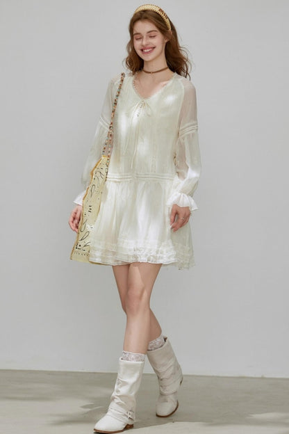 Lyocell Tencel V-Neck A-Line Short Dress