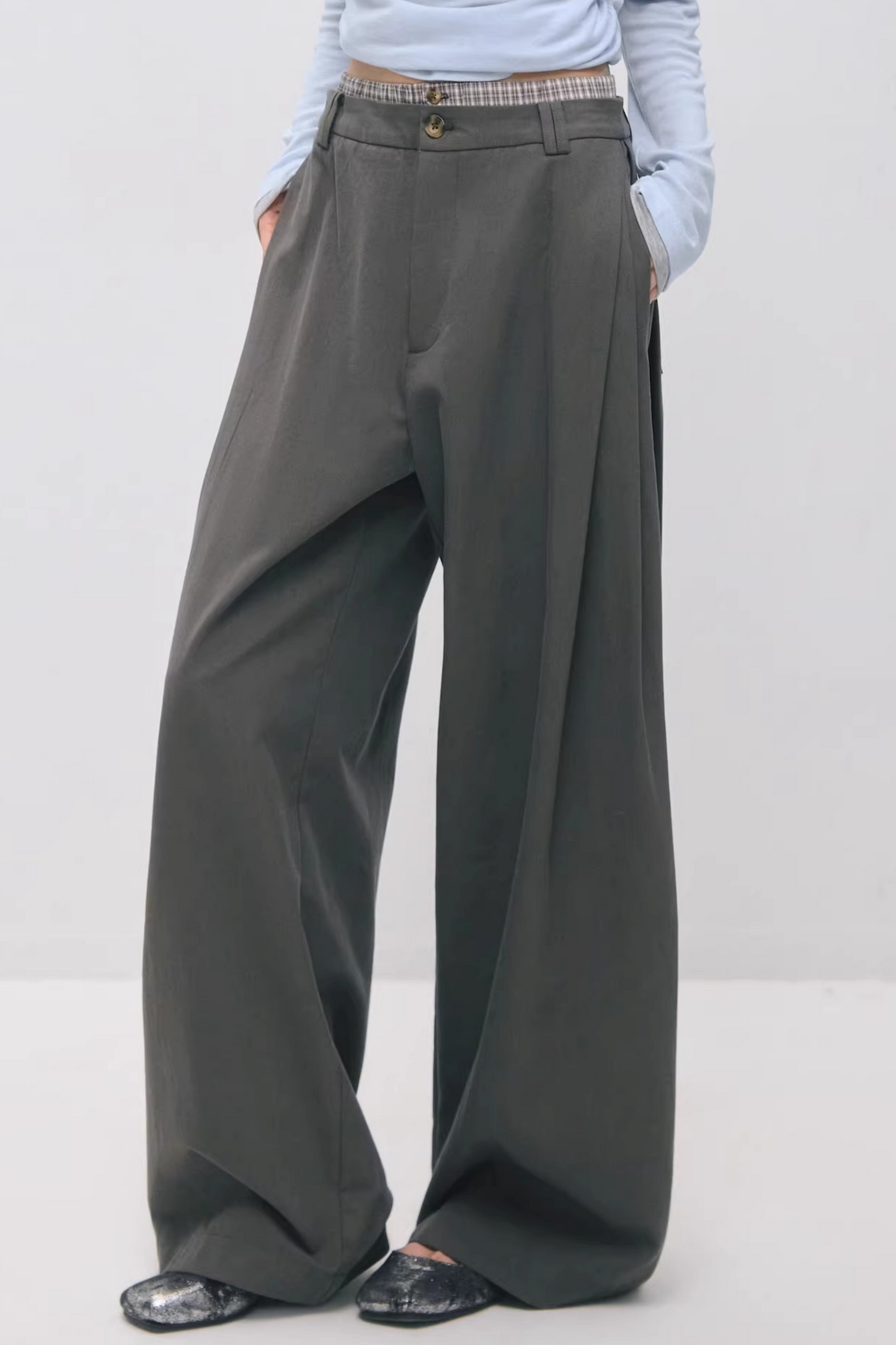 더블 웨이스트 밴드 플리츠 바지