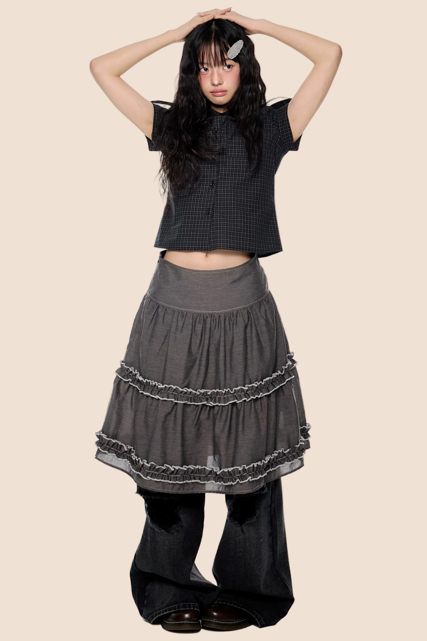 Plaid Retro Short Blouse Set-Up