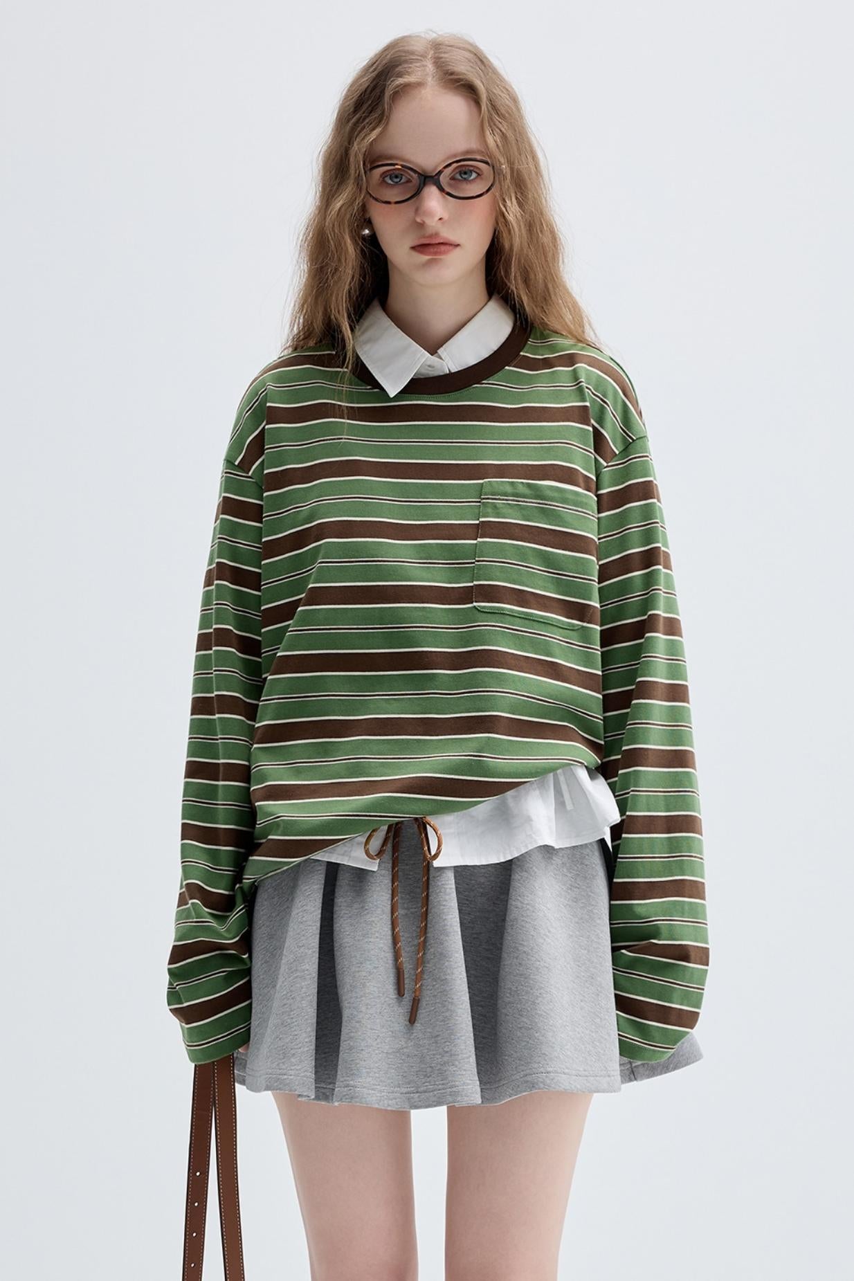 Contrast Stripe Retro Crew Neck Top Set-Up