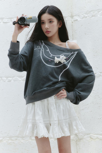 [9 19new] fragile speichern - Minami Rika's Halskette Original-Design Sinn schrägen Schulter Krawatte Sweatshirt grau