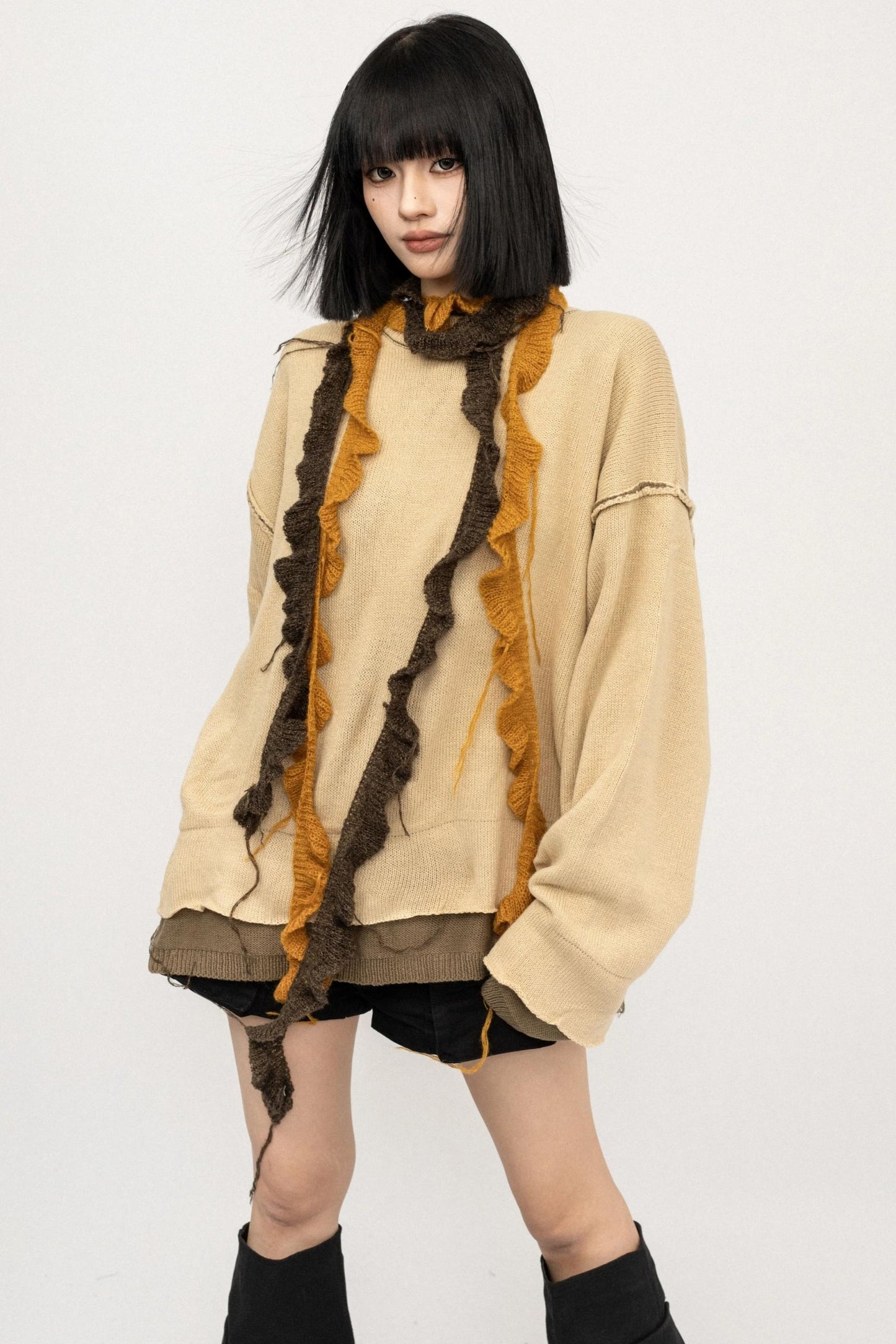 Fake Two Loose Knit Smock Sweater