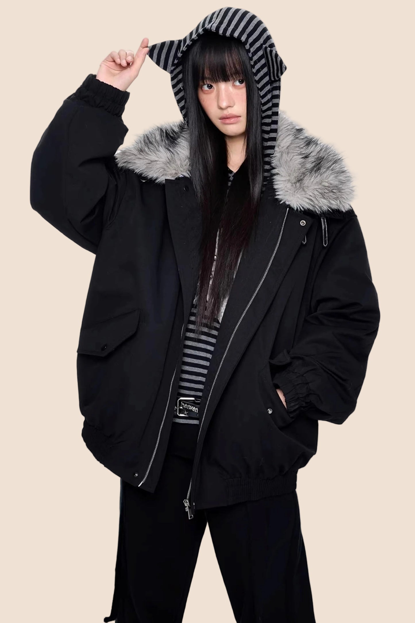 Large Fur Collar Parka Coat