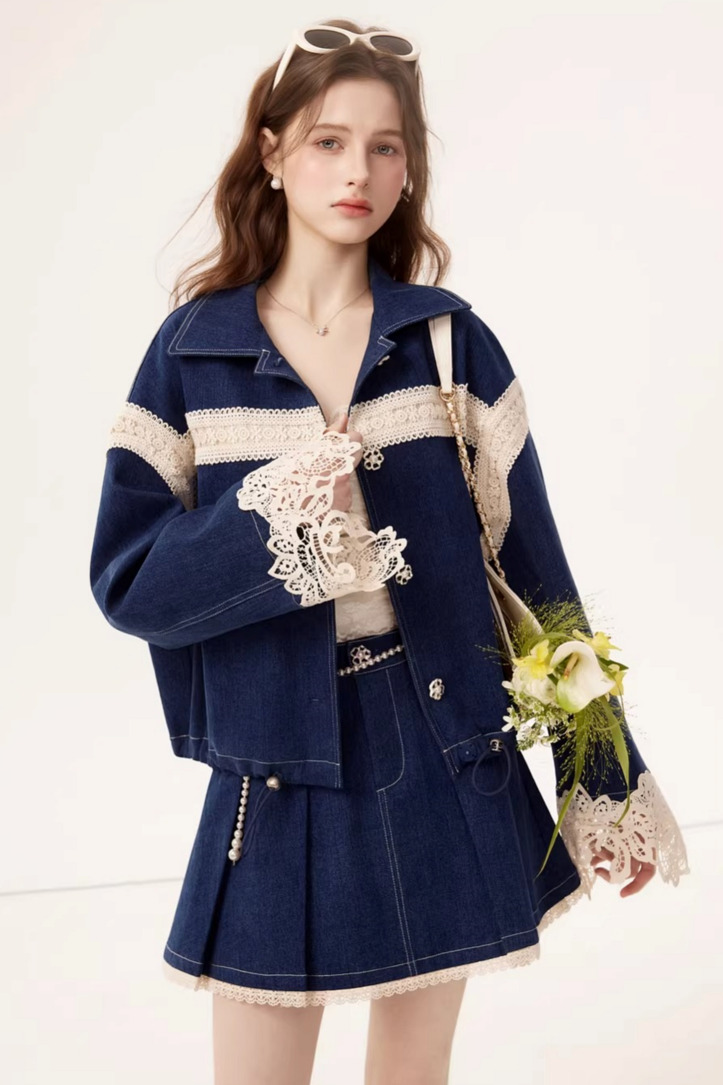 Retro Denim Lace Jacket Set