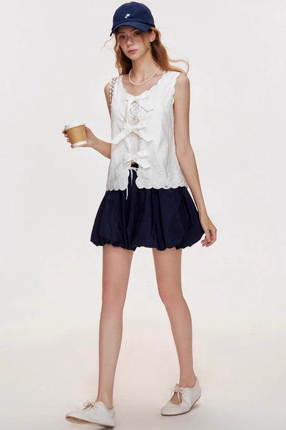 Romantic Wavy Edge Embroidery Strappy Vest Set-Up