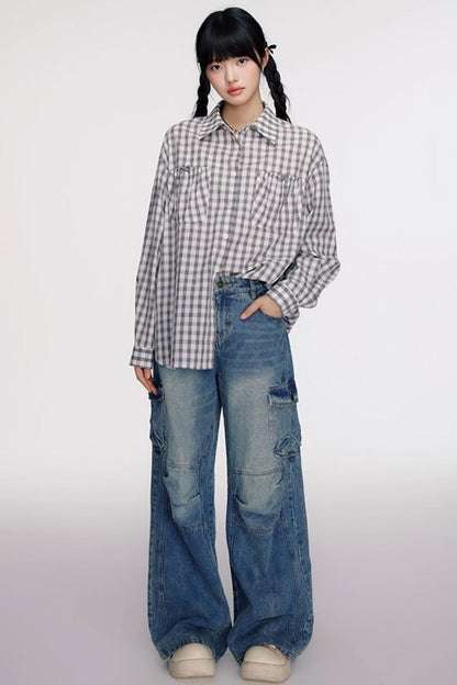 Vintage Bow Pocket Long-sleeved Shirt