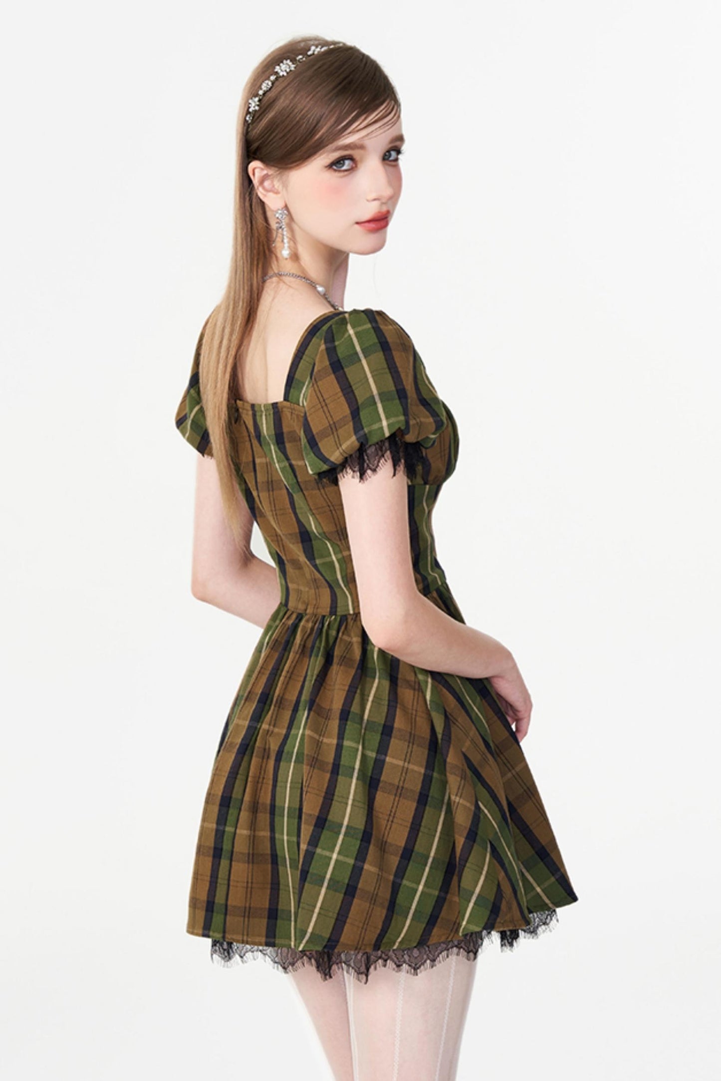 Greenfield Checkered Puff Sleeve Dress