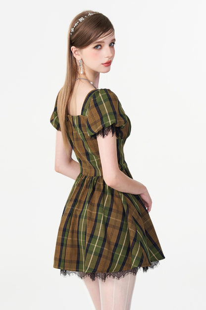 Greenfield Checkered Puff Sleeve Dress