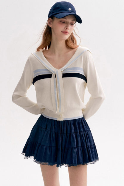 Navy Tie Shawl Contrast Sweater