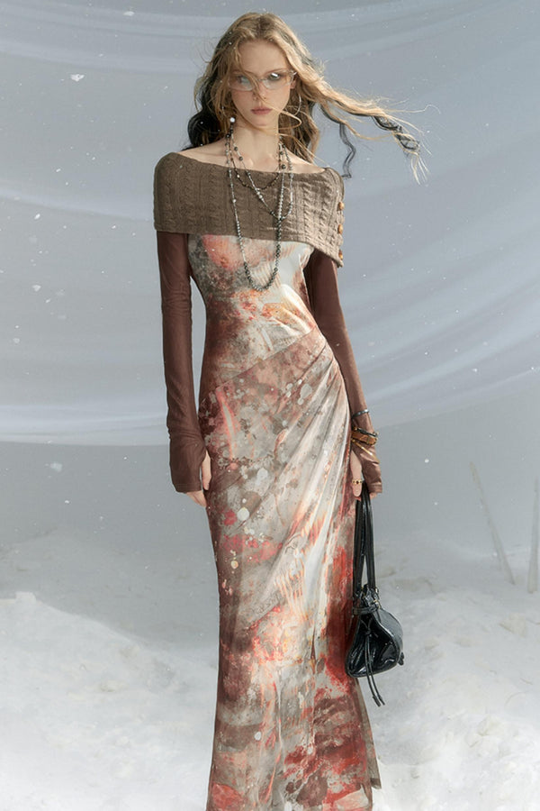 Bedrucktes Stretch-Strick Langarmkleid 