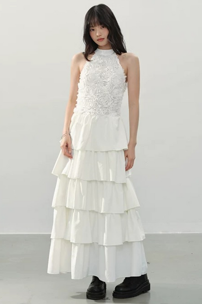 White Halter Floral Dress