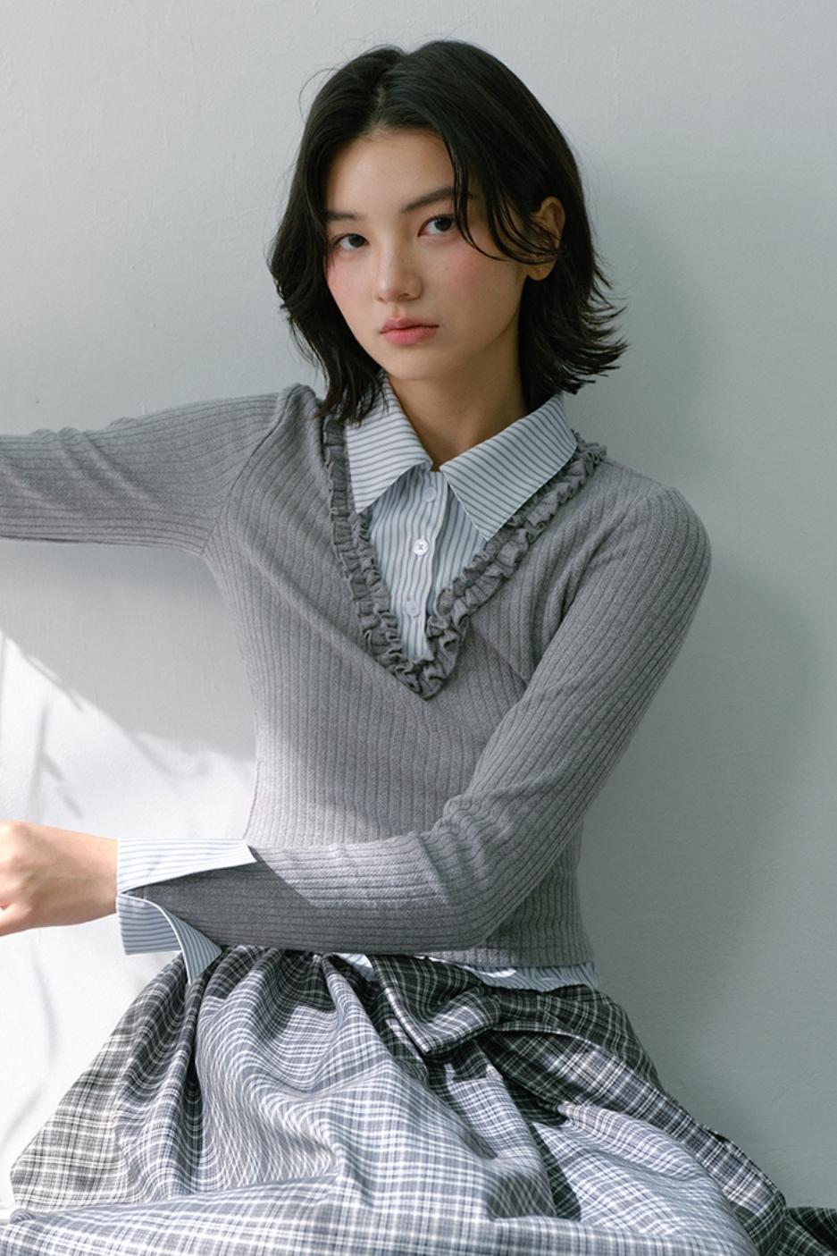 Gray Knit Patchwork Vertical Striped Fungus Edge Top