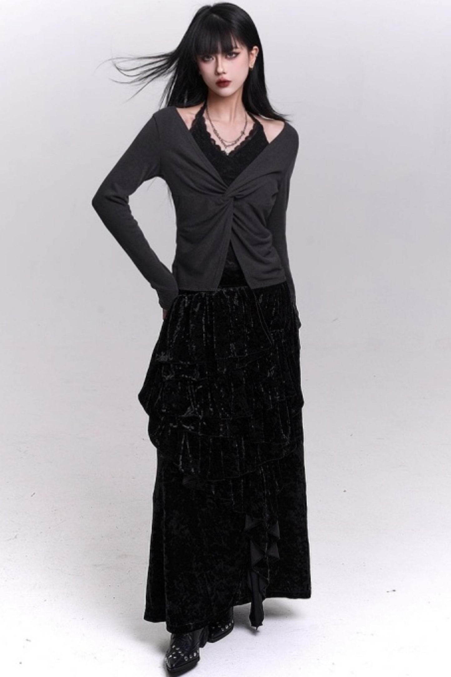 Velvet Irregular Hem Long Skirt