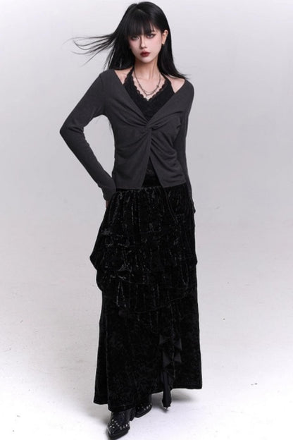 Velvet Irregular Hem Long Skirt