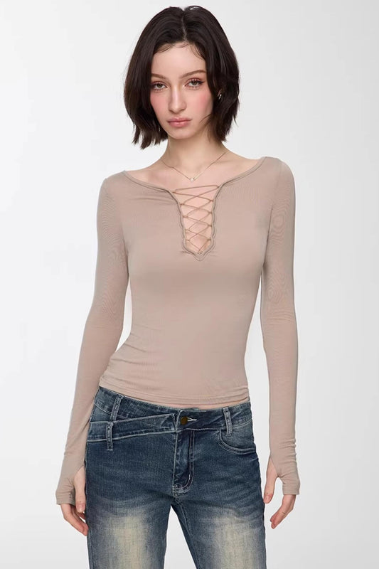 Slim Lace-Up Long-Sleeve Top