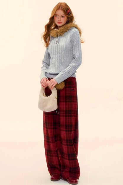 Woolen Plaid Retro Fleece-Lined Pants
