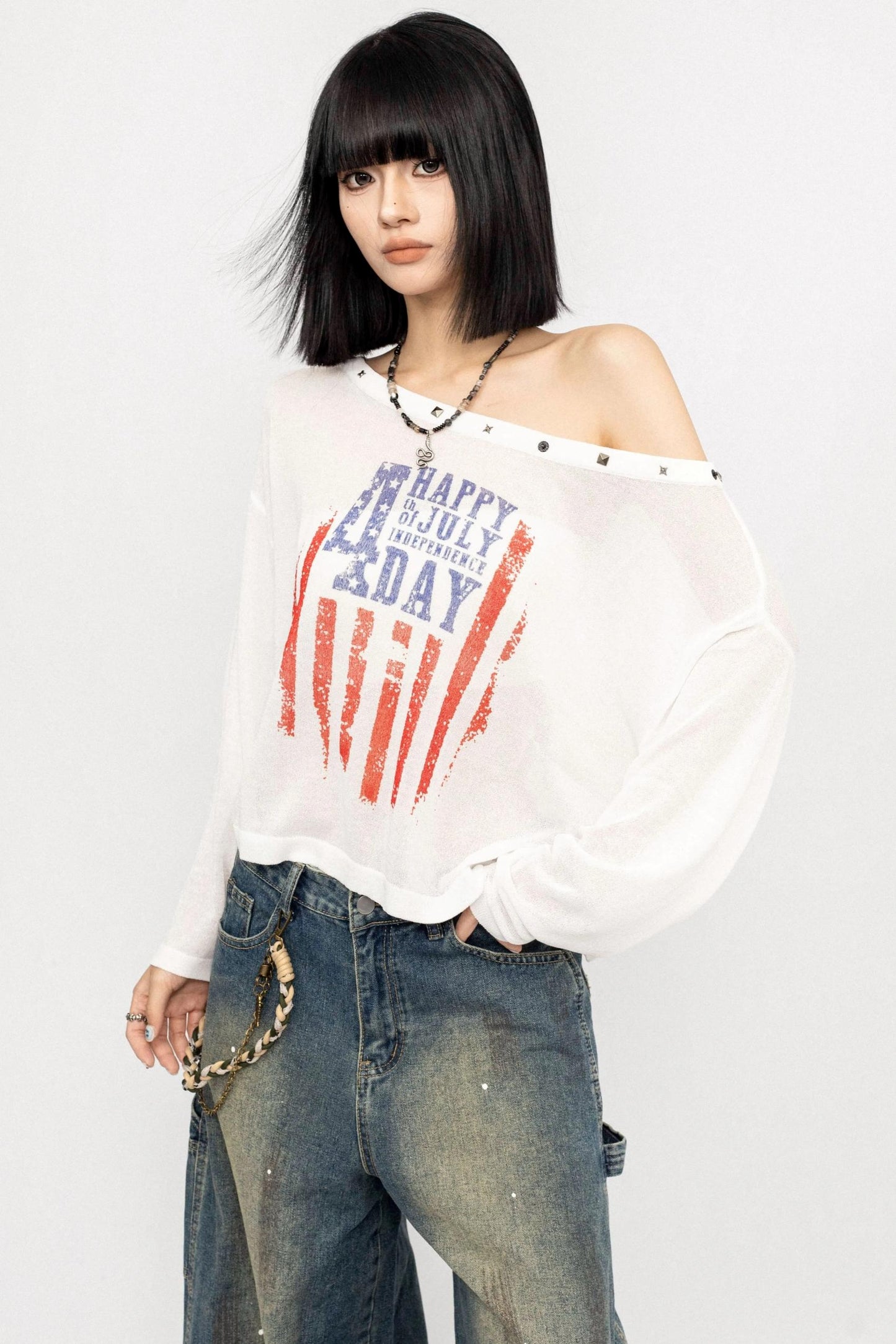 Slanted Shoulder Long Sleeve Top