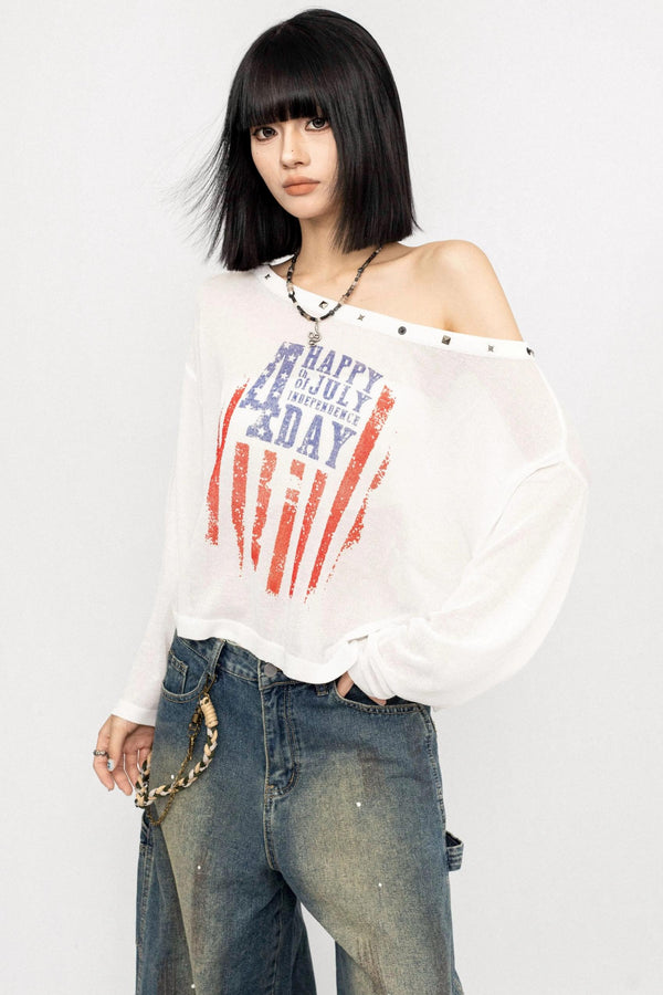 Slanted Shoulder Long Sleeve Top