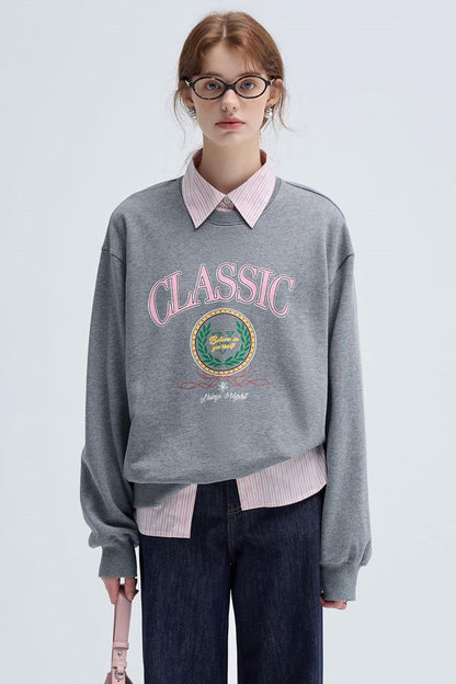 Retro Preppy Print Crew Neck Sweatshirt