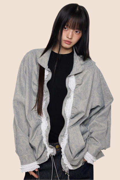 Loose Fit Pleated Lace Zip Jacket