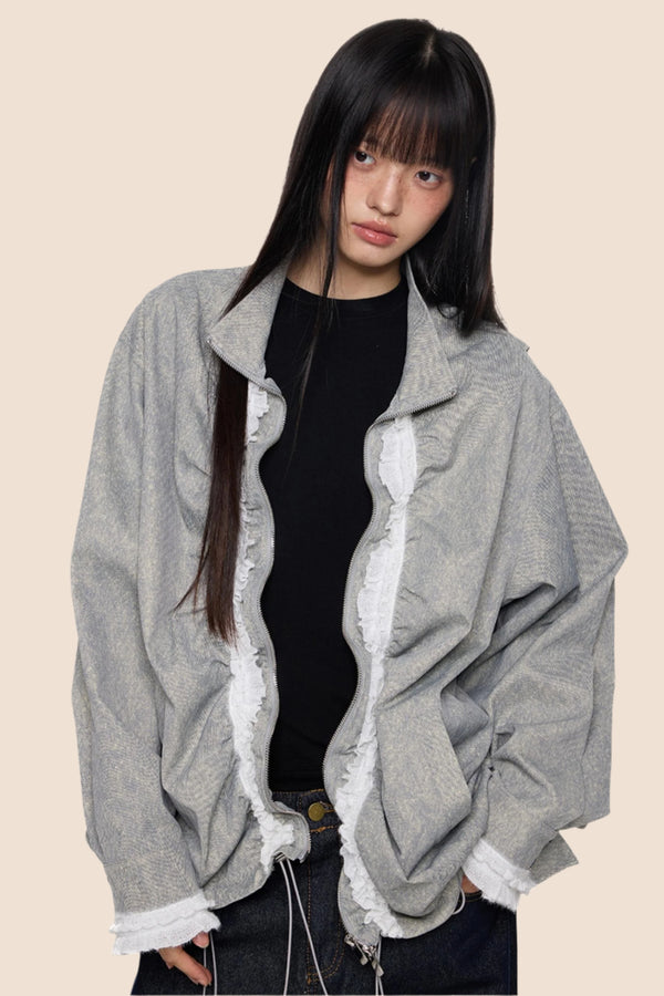 Loose Fit Pleated Lace Zip Jacket