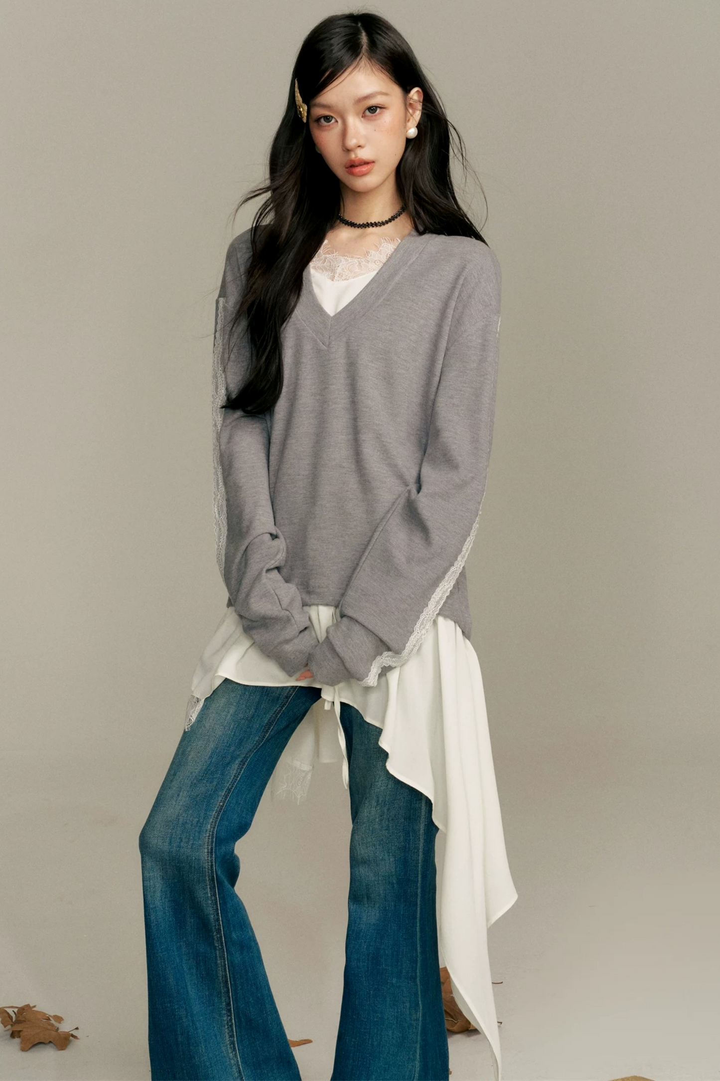 Asymmetric Hem V-Neck Sweatshirt