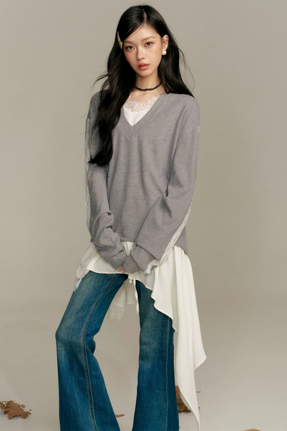 Asymmetric Hem V-Neck Sweatshirt