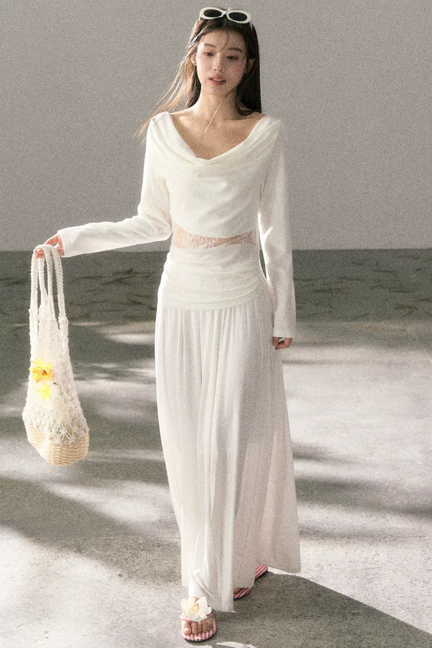White Lace Cutout Draped Top Set-Up