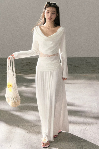 White Lace Cutout Draped Top Set-Up
