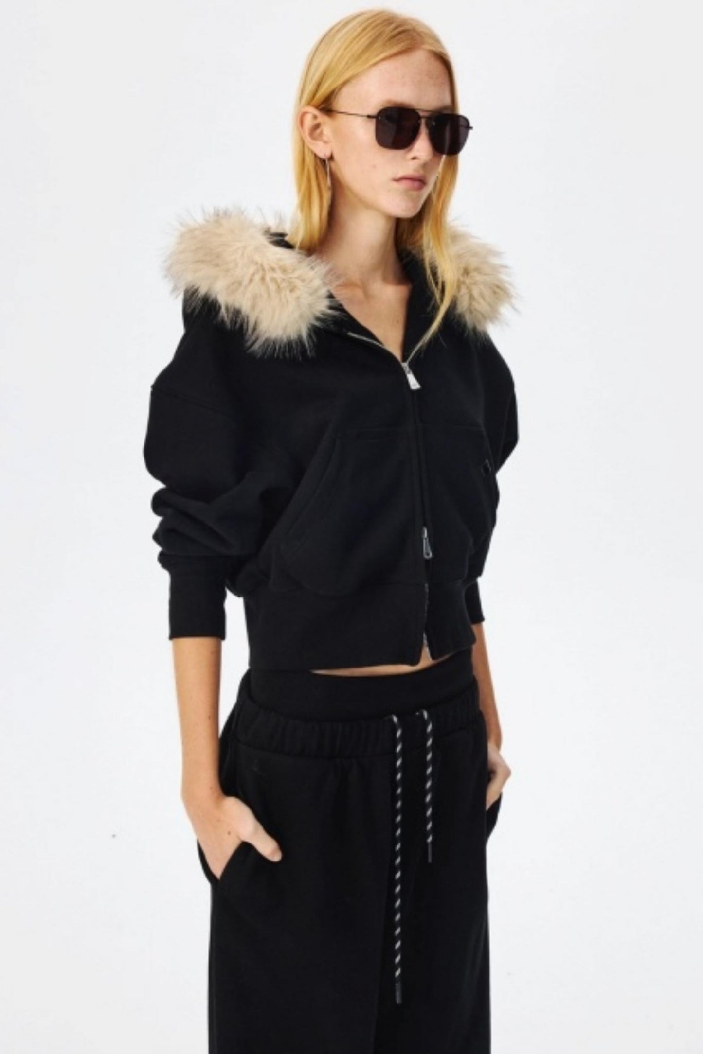 Fur Collar Hooded Sweatshirt Set-Up