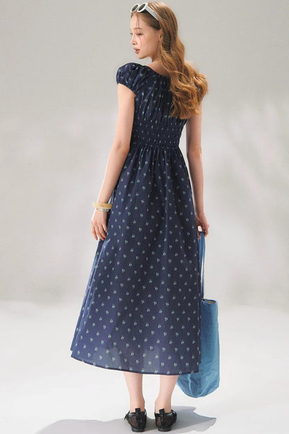 Abito floreale blu navy con lacci