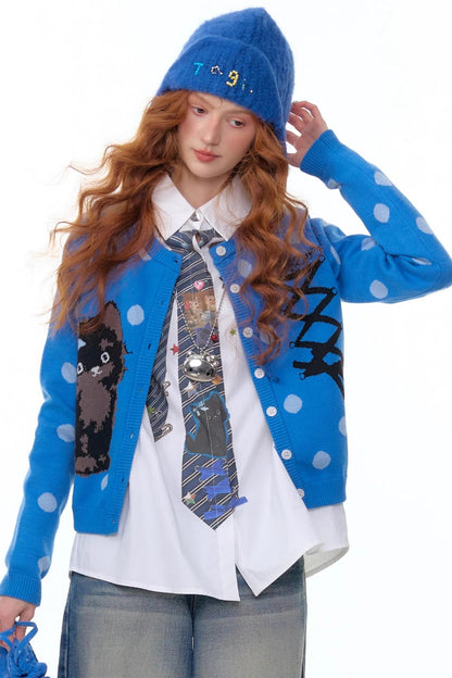 Blue Cat Polka Dot Knitted Cardigan