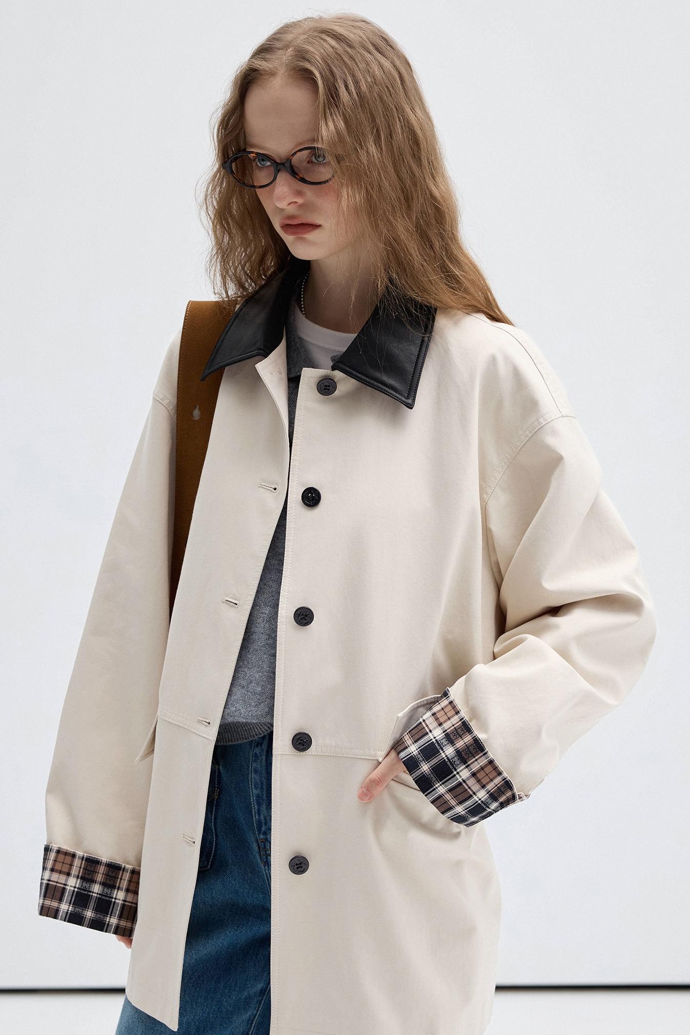 Check Contrast PU Leather Trench Coat