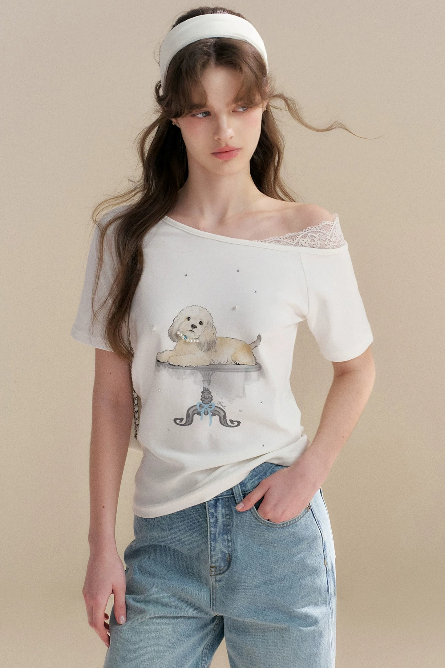 Hand-Painted Lace Off-Shoulder Top