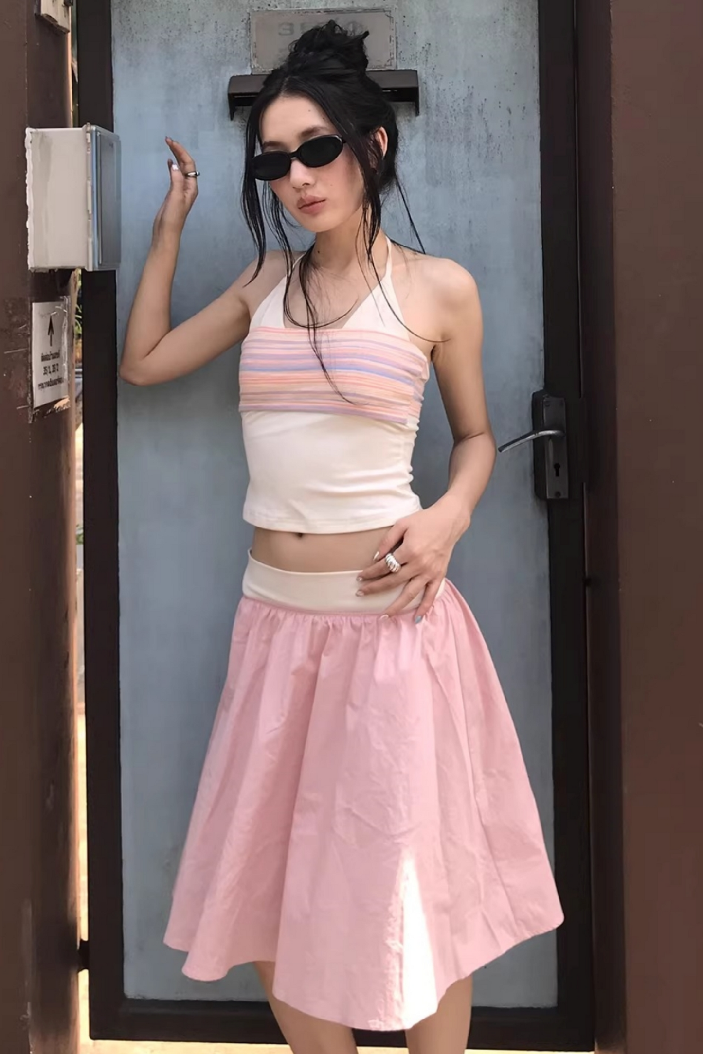 Striped Two-Tone Layered Skirt Set