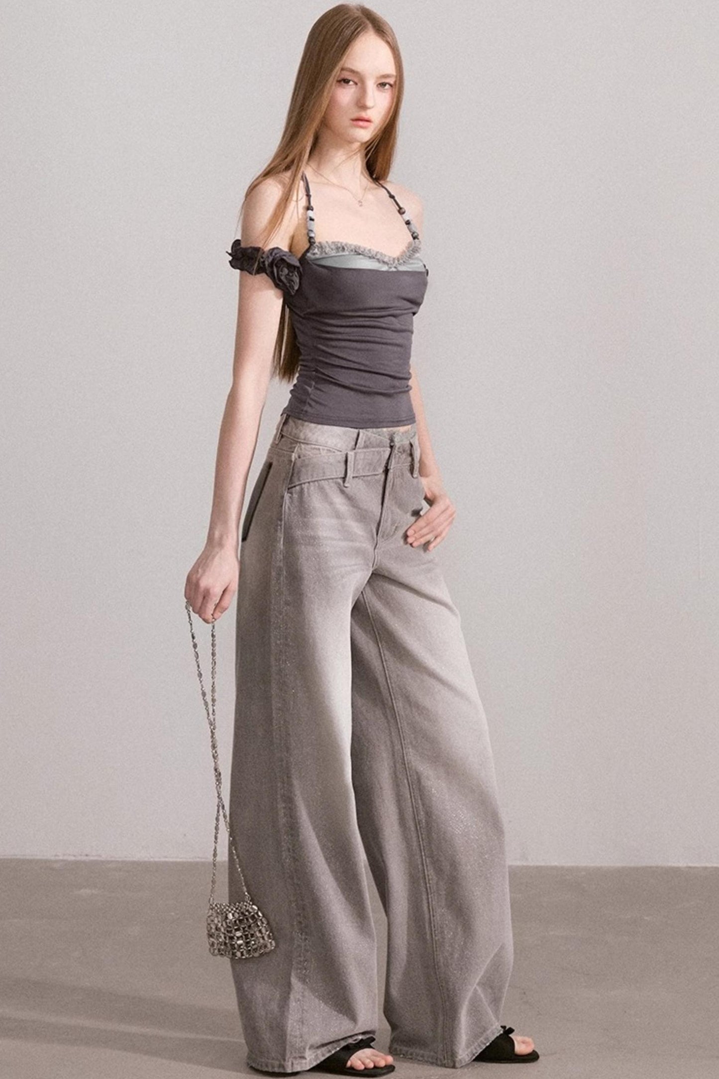 Vintage Lace-Waist Wide-Leg Jeans